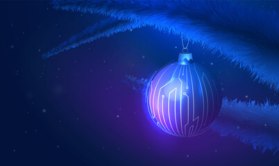 Christmas ball toy in technological style. Futuristic cyber Happy New Year greeting card. Winter holiday background