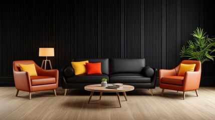 A sleek and stylish black sofa and armchairs stand out against a backdrop of black classic paneling wall in an art deco style interior design of a modern living room.