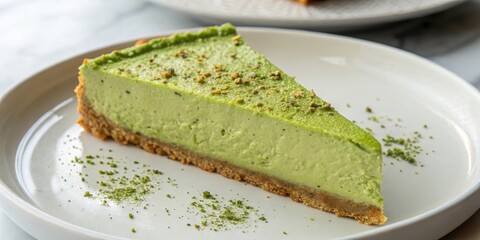 A slice of green tea cheesecake with a crunchy crust and sprinkled with matcha powder