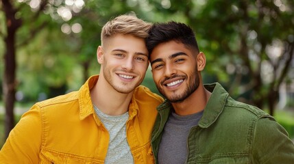 Fototapeta premium Two gay men, one with light skin and the other with dark skin, embrace in a tender moment. Their embrace symbolizes diversity and pride as they show love for one another without fear of judgment