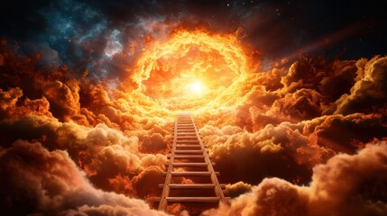 The ladder symbolizes the journey towards enlightenment and spiritual growth, with each rung representing a step closer to reaching a higher state of consciousness and connection with the divine.