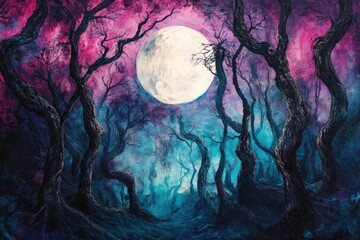 Fototapeta premium Enchanting Moonlight Illuminates a Dark Mystical Forest