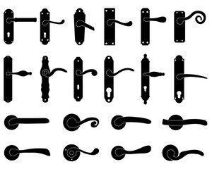 Black silhouettes of door handle, knocker, latch on a white background