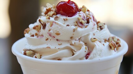 Delicious Ice Cream Dessert with Cherry and Nuts in a Cup