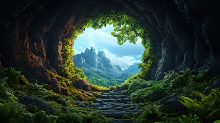 Serene View Through Cave Opening to Lush Green Valley with Majestic Mountains Under Clear Sky and Soft Clouds