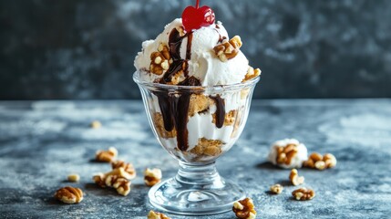 Delicious Ice Cream Sundae Presentation with Nuts and Cherry Topping