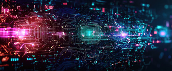 Obraz premium Futuristic circuit board with neon lights and digital elements