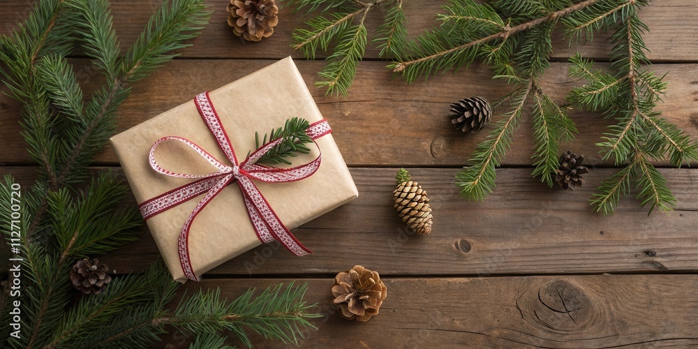 Poster a festive gift wrapped in brown paper with a red and white ribbon, surrounded by pine branches and c
