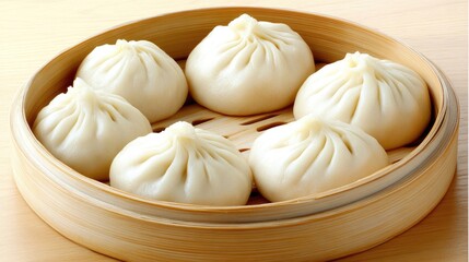 Fototapeta premium Eight neatly arranged steamed dumplings sit inside a bamboo steamer. Fresh cilantro and a small bowl of sauce accompany the dish on a wooden board, enhancing the meal's presentation