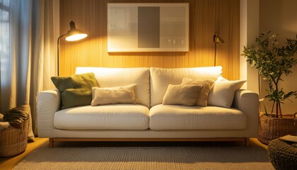 Fototapeta premium Cozy Living Room Interior Warm Lighting White Sofa Wooden Walls