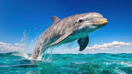 Fototapeta premium The sleek gray mammal gracefully arcs through the crystal clear water, effortlessly cutting through the waves with agile flips of its powerful tail