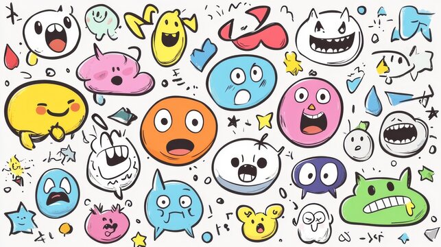 Manga or anime comic emoticon element graphic effects hand drawn doodle vector illustration set isolated on dotted background. Sticker style manga doodle line expression scribble anime mark collection