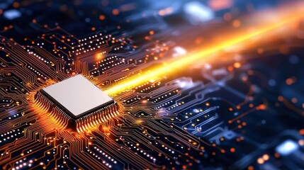 A vibrant microchip design with intricate circuit patterns and a colorful light spreading out from the center, symbolizing the concept of artificial intelligence technology