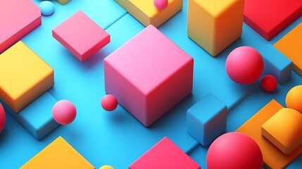 Obraz premium Abstract 3D rendering of colorful cubes and spheres on a blue background.