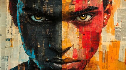 A striking mural of a young male, showcasing intense eyes and a split-color face, emphasizing emotions and cultural themes.