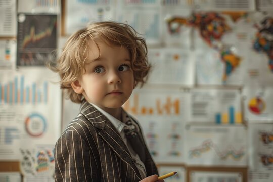 A young boy in formal attire standing against a backdrop of business charts and graphs.
