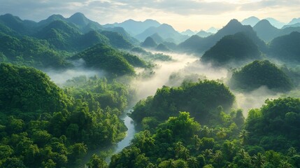 Stunning Jungle Landscape in Misty Morning Light. Generative AI
