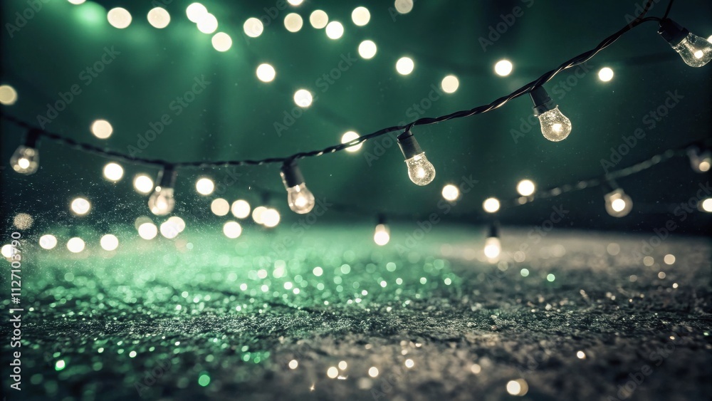 Poster String of lights illuminate a glistening surface with a soft green glow.