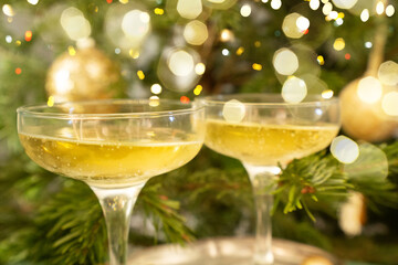Embrace the joy of the holiday season by enjoying sparkling champagne next to the exquisitely decorated Christmas tree