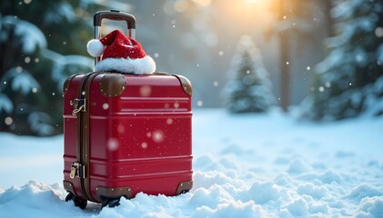 Christmas red suitcase with Santa hat ready for holiday adventures amidst a snowy backdrop. celebrating the spirit of the season with copy space 