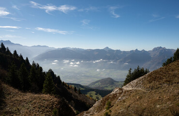 Rhone river valley in Switzerland seen from the big alps mountains