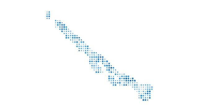 Stocking Island dotted digital map. Map of Stocking Island with pulsating colored circles. Border shape filled with blue disks. Neat video.