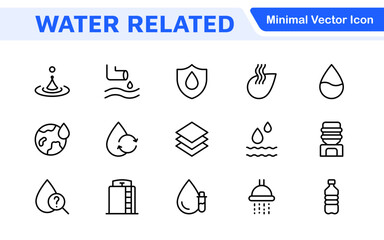Water Related Icon Set. A refreshing collection of icons showcasing water conservation, aquatic life, and hydration, perfect for water awareness and sustainability.