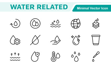 Water Related Icon Set. A refreshing collection of icons showcasing water conservation, aquatic life, and hydration, perfect for water awareness and sustainability.