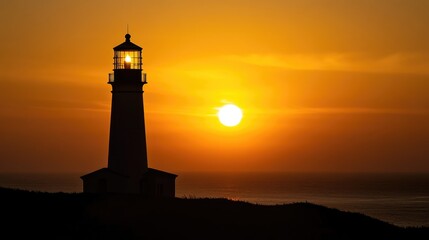 Majestic Lighthouse at Sunset Illuminating the Ocean Horizon