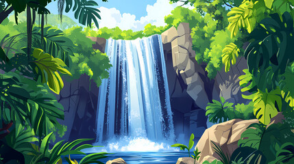 A large waterfall cascades down a lush green cliff face, surrounded by tropical foliage. Cascade. Illustration