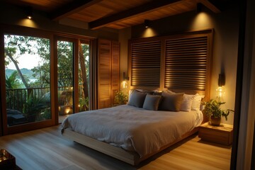 Luxurious bedroom, jungle view, warm lighting.