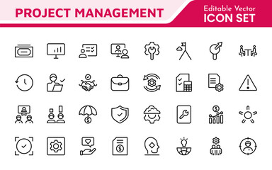 Project Management web icons in line style. Outline icon collection related to Schedule, human resource, management, development, planning, and more.