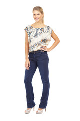 Obraz premium Smile, fashion and portrait of woman in studio with trendy, elegant and classic outfit. Confident, happy and female person from London with fancy clothes for style and high heels by white background