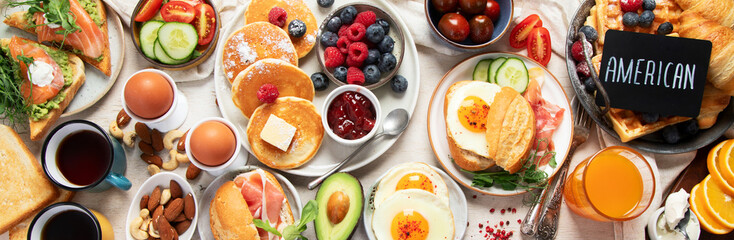 Fresh healthy breakfast. Table with full healthy breakfast.