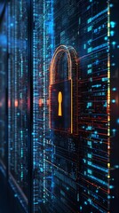 Obraz premium A digital padlock symbolizes cybersecurity within a network of data streams.