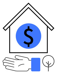 House with dollar sign, outstretched hand, tree focusing on real estate, finance, investment, sustainability, environmental care, charity housing. Ideal for financial growth property ownership