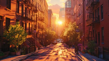 Fototapeta premium Serene Sunset Over a Vibrant Urban Street with Warm Glow Effects