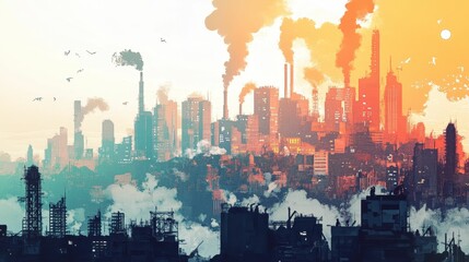 Smog-filled cityscape, industrial pollution, sunset.