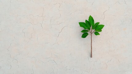 A single green leaf sprouting from a bare, textured wall, symbolizing nature's resilience and beauty against a neutral backdrop.