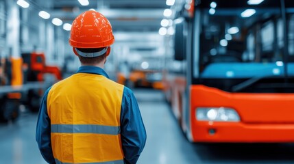 A construction worker in a safety vest and helmet observes a bus inside a modern workshop.