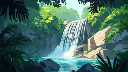 A serene waterfall cascades into a crystal-clear pool surrounded by lush greenery. Cascade. Illustration