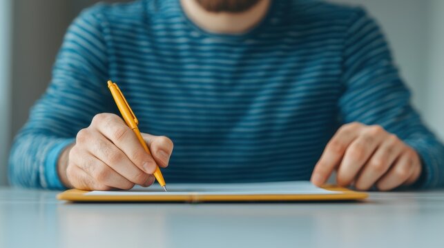 A person writing in a notebook with a yellow pencil, set on a clean surface, wearing a striped blue sweater.