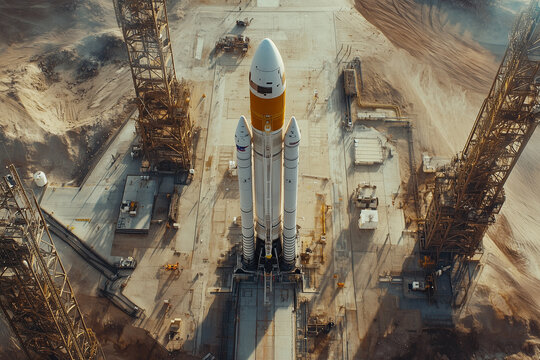 Aerial view of a space shuttle positioned on the launch pad, ready for takeoff, with the surrounding area and infrastructure visible as preparations for launch are underway