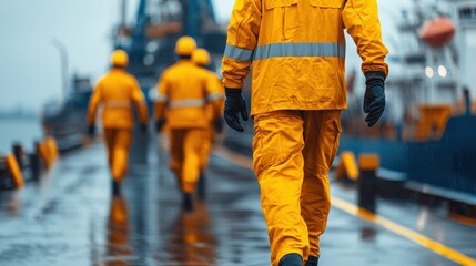 Workers in yellow rain gear walk along a wet dock, emphasizing their role in maritime labor and safety in challenging weather conditions.