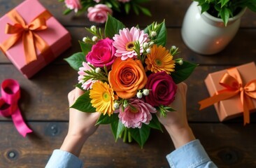 Bouquet of flowers in a florist studio. A florist collects a spring bouquet. Flower and gift shop. Flowers for Women's Day and Mother's Day.