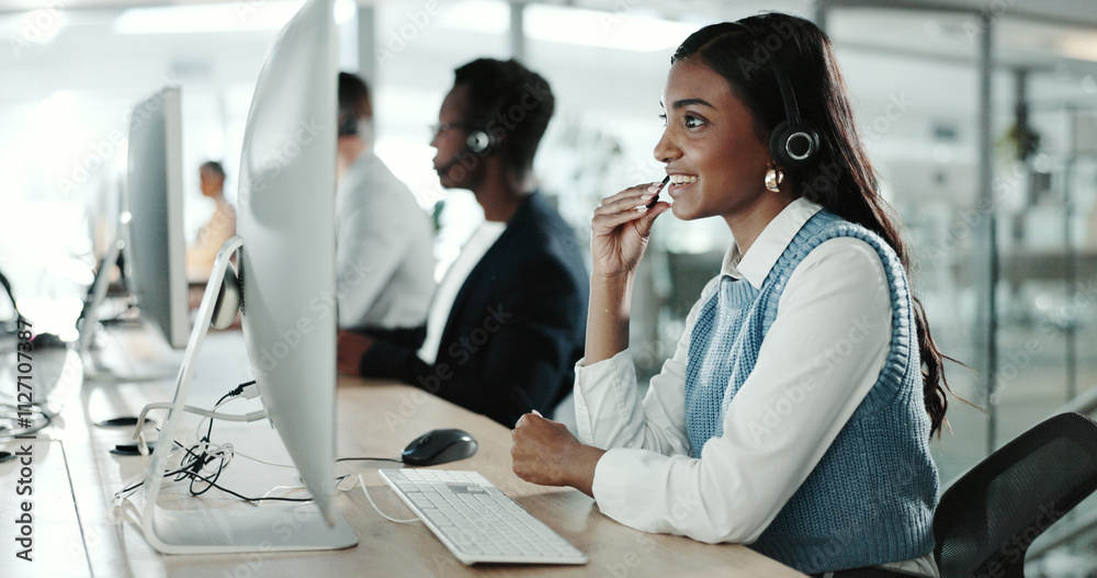Poster call center, computer and consulting with indian woman in support office for customer service. conta