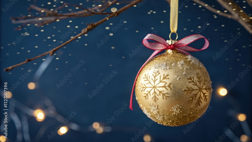Poster A golden Christmas ornament with snowflake designs hangs from a branch against a blue background with bokeh lights and a dusting of glitter.