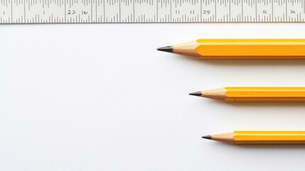 Close-Up of Yellow Pencils and Ruler on White Paper Background