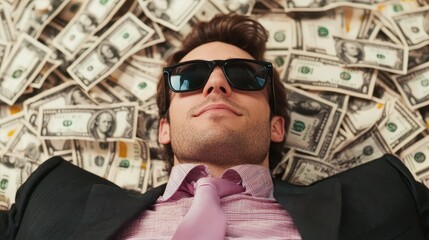 A confident man in a suit and sunglasses lies on a pile of cash, exuding wealth and success.