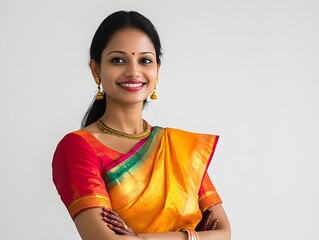 Indian woman in a saree smiling with crossed arms